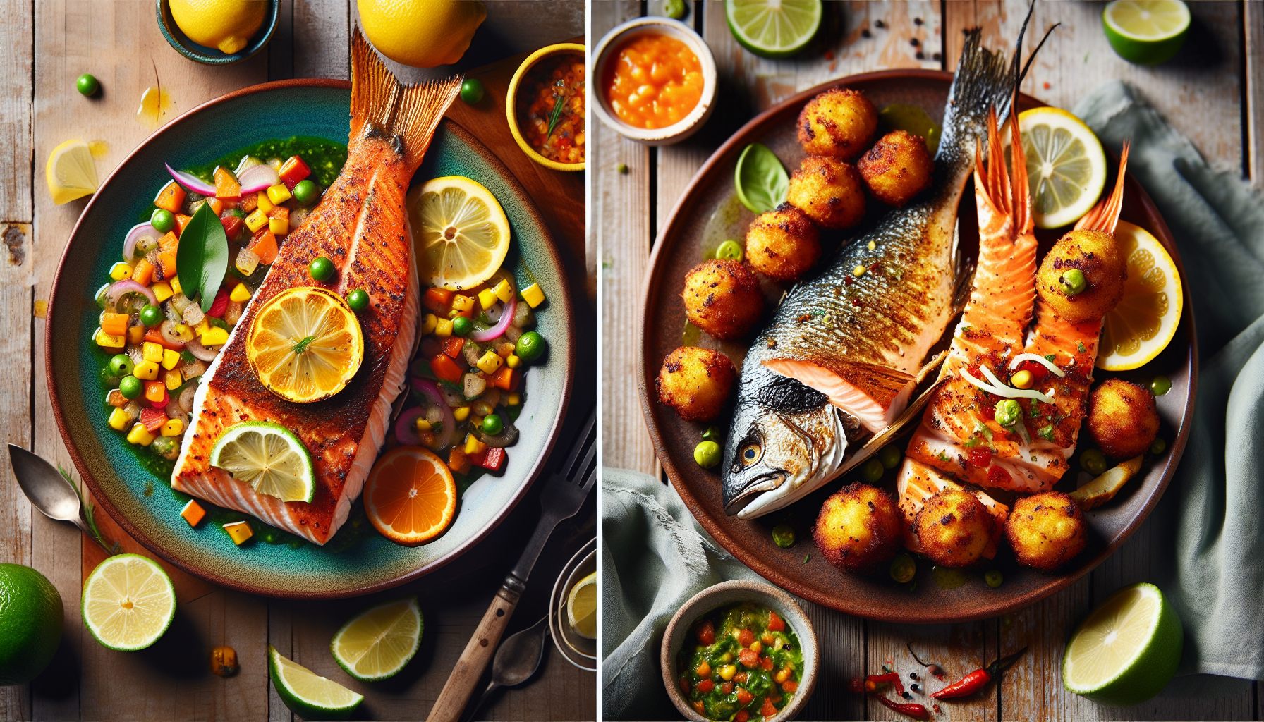 Quick and healthy weeknight fish recipes: roasted salmon with citrus salsa verde and spiced snapper with corn & chorizo hush puppies
