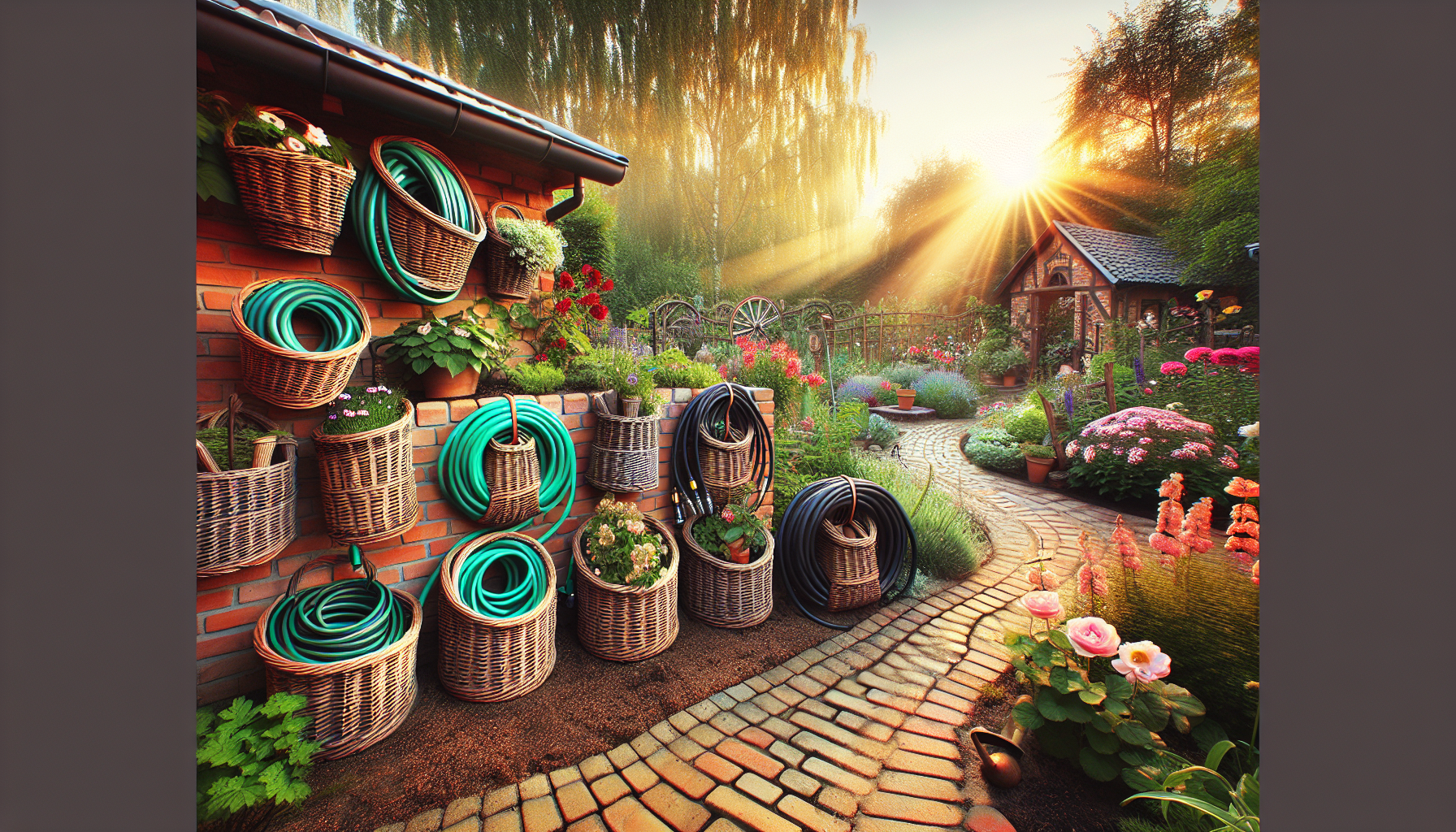 Turn ordinary baskets into chic hose holders with garden decor