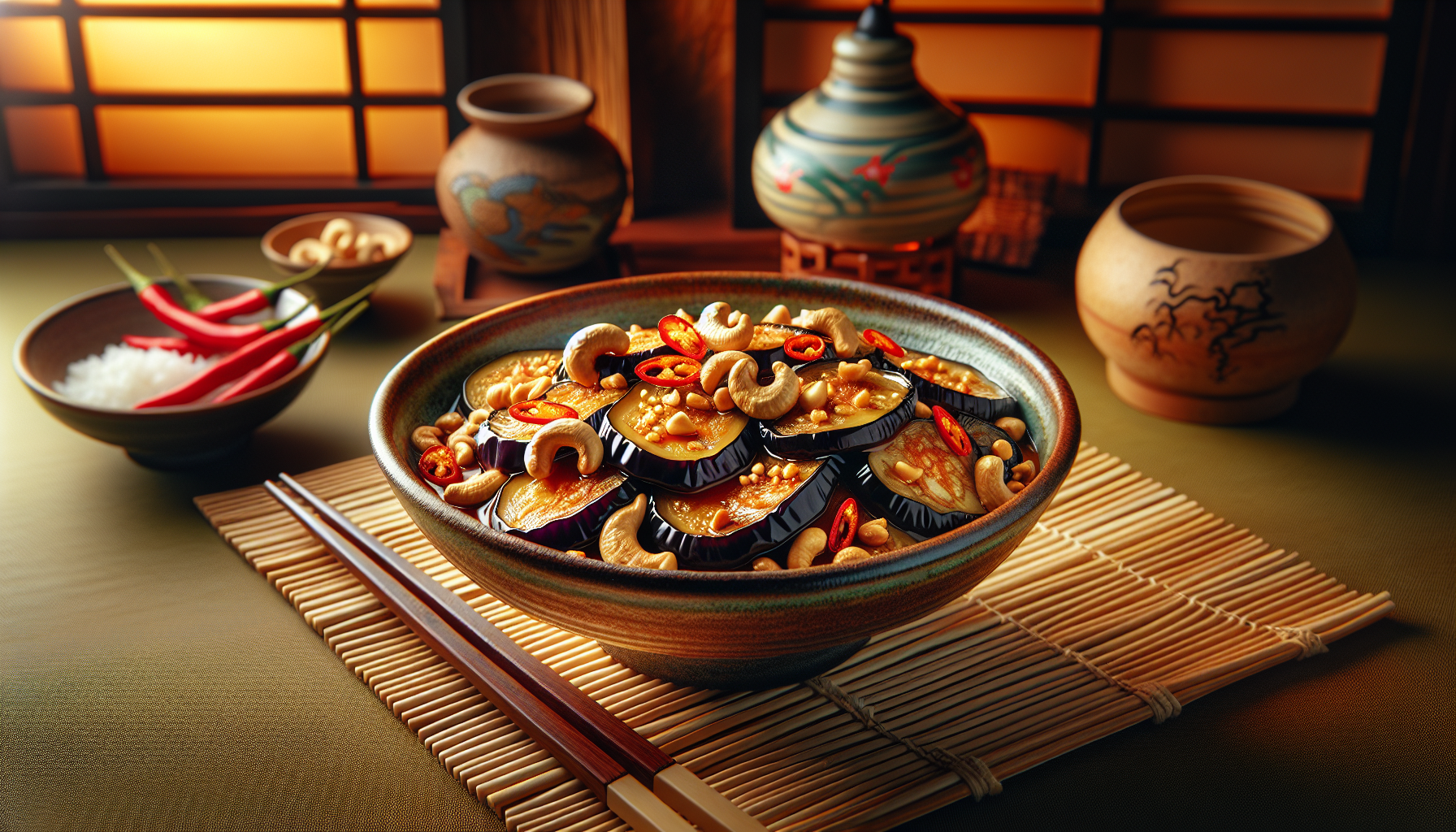 Exploring japanese cuisine: authentic recipe for eggplant with cashews and chiles