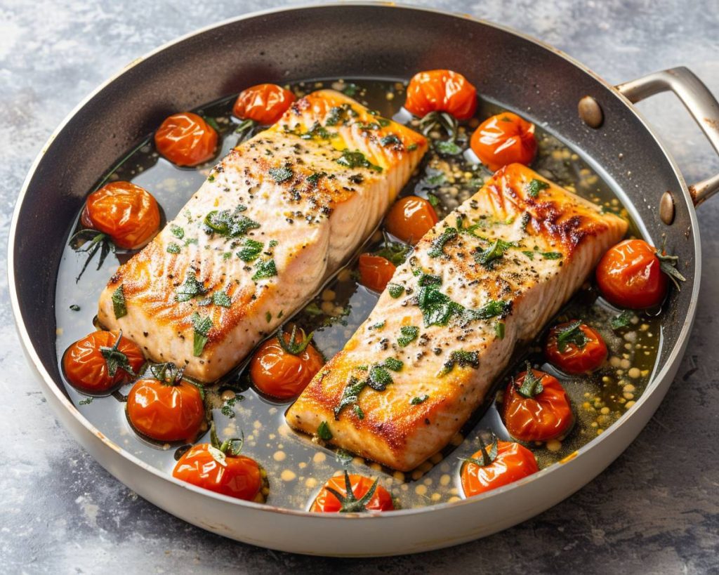 Experience effortless gourmet: one-pan salmon with burst tomatoes recipe